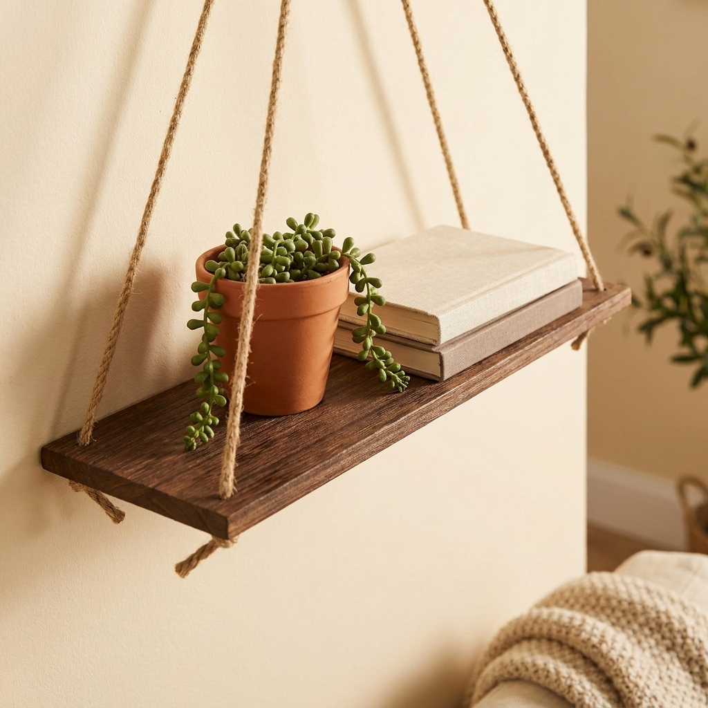 Wood Rope Shelf - Brown color - warm scene