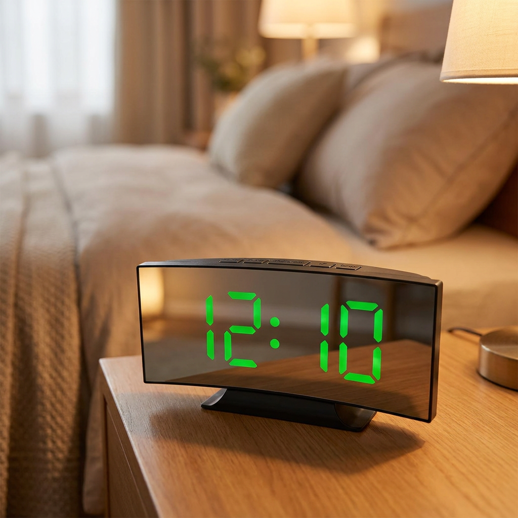 LED Mirror Alarm Clock - Green - warm scene