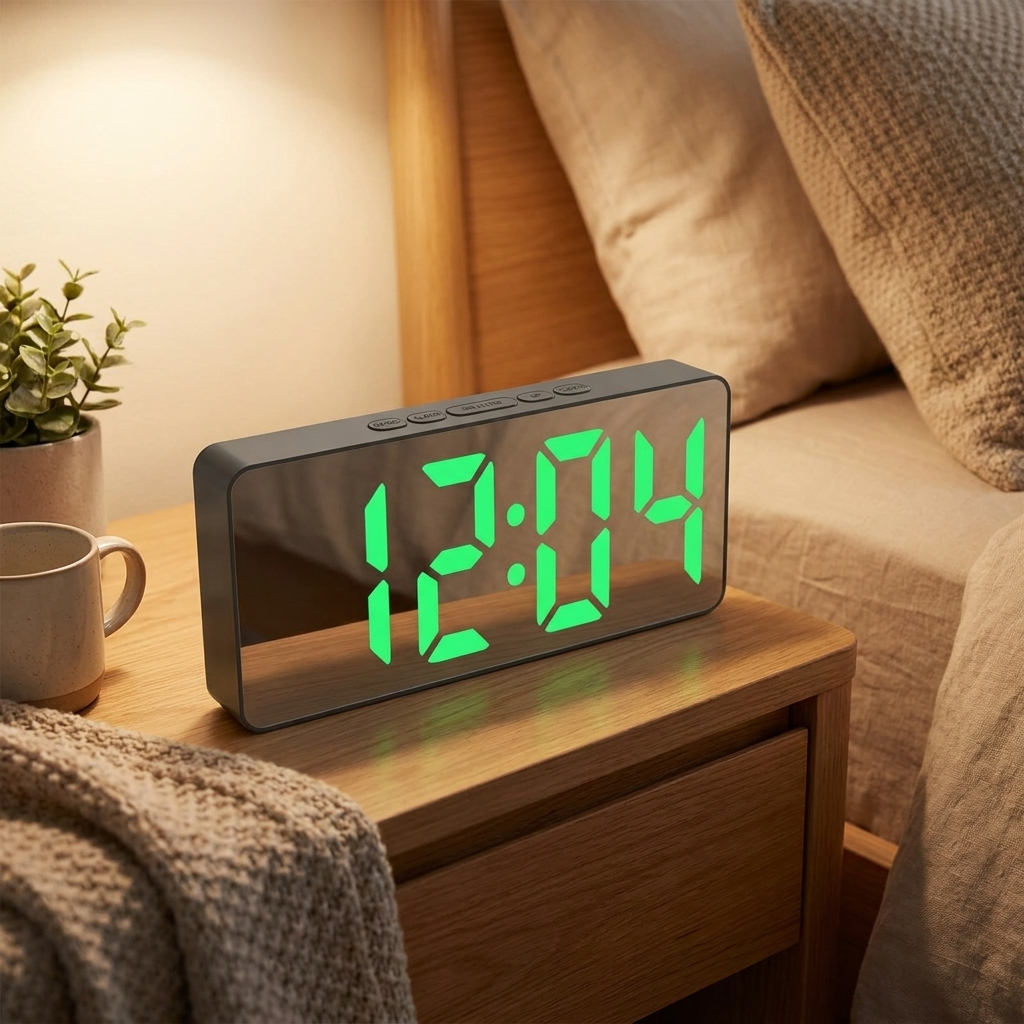 LED Mirror Alarm Clock - Green light - warm scene