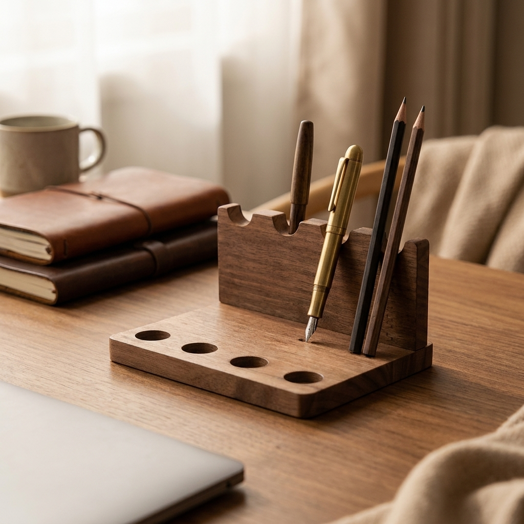 Walnut Desk Organizer - 4-bin walnut color - warm scene