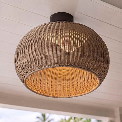 Rattan LED Flush Mount Ceiling Light IP55 Coffee or Beige E27 Semi-Outdoor