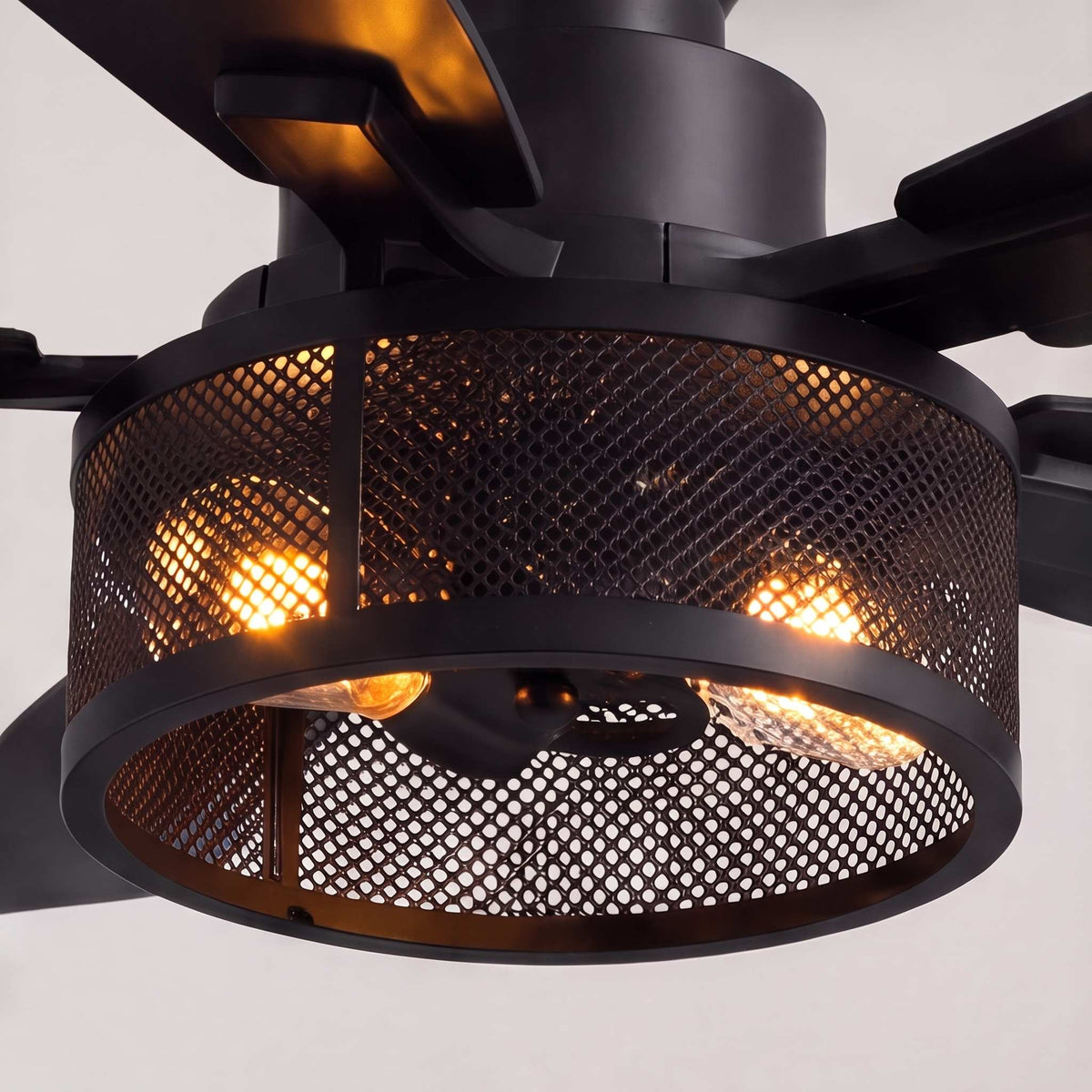 Farmhouse Black Cage Ceiling Fan with Oak Blades and 2 E27 Lights 117 cm DC