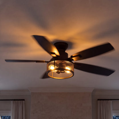 Farmhouse Black Cage Ceiling Fan with Oak Blades and 2 E27 Lights 117 cm DC