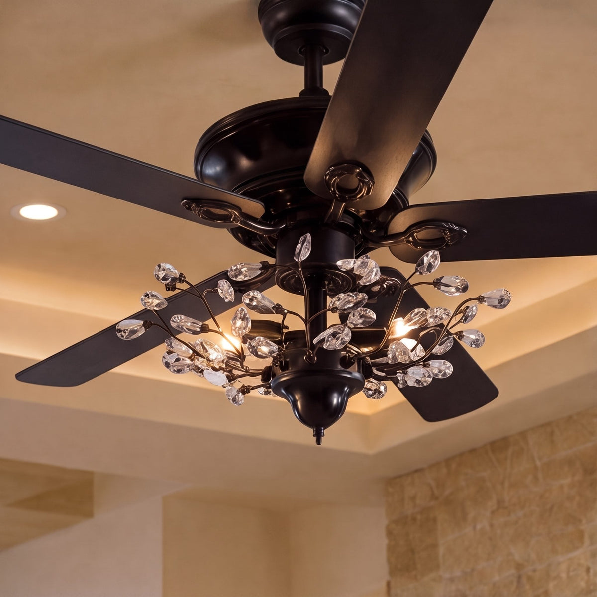 Black Crystal Chandelier Ceiling Fan with Lights 5 Blade 132 cm Reversible