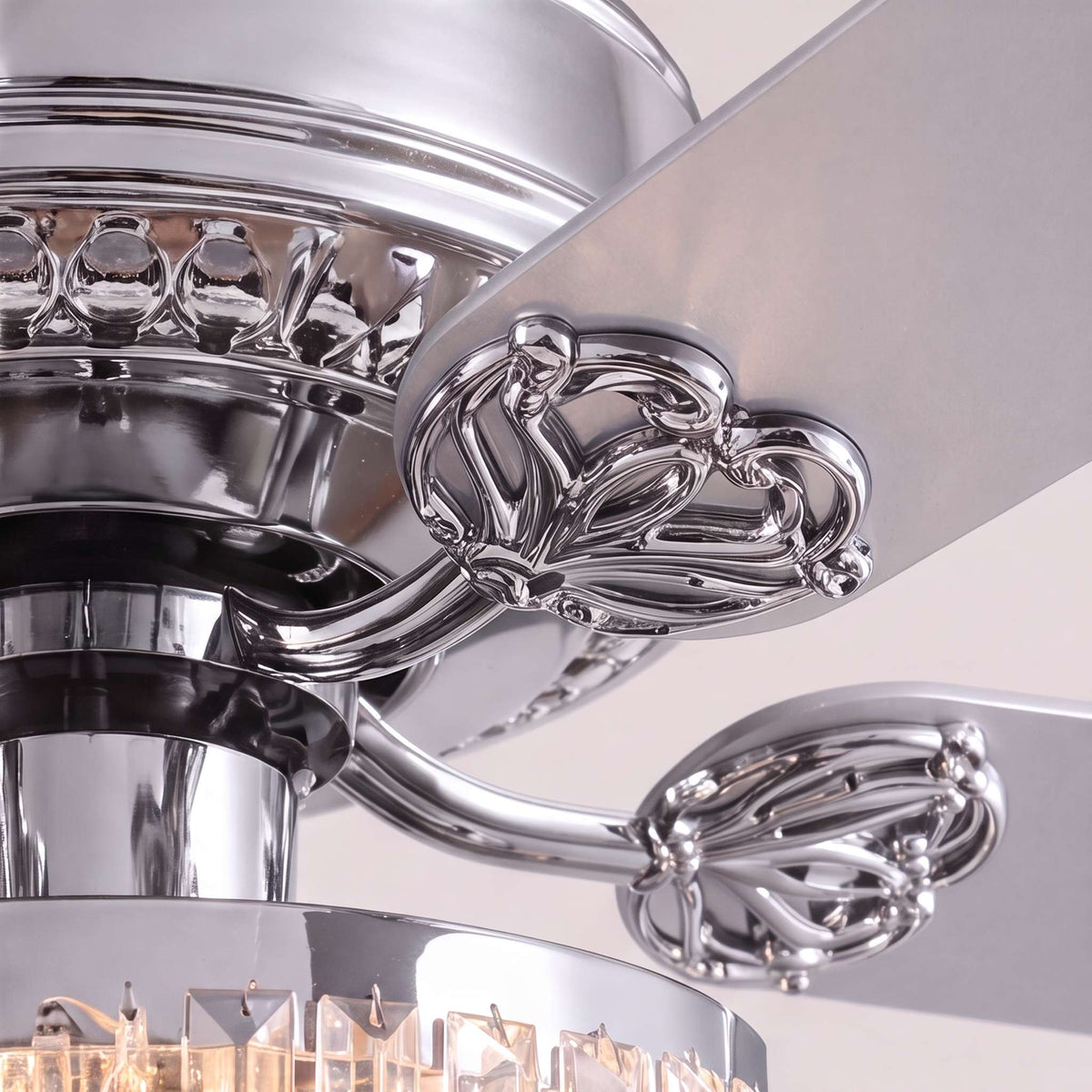 Chrome Crystal Blade Ceiling Fan Chandelier with 3 Candelabra Lights 132 cm