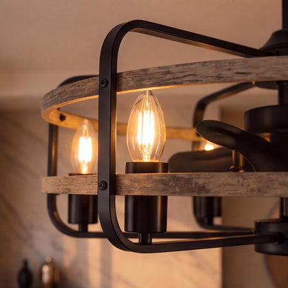 Walnut Iron Cage Ceiling Fan with 6 Lights E27 Industrial Farmhouse 63.5 cm