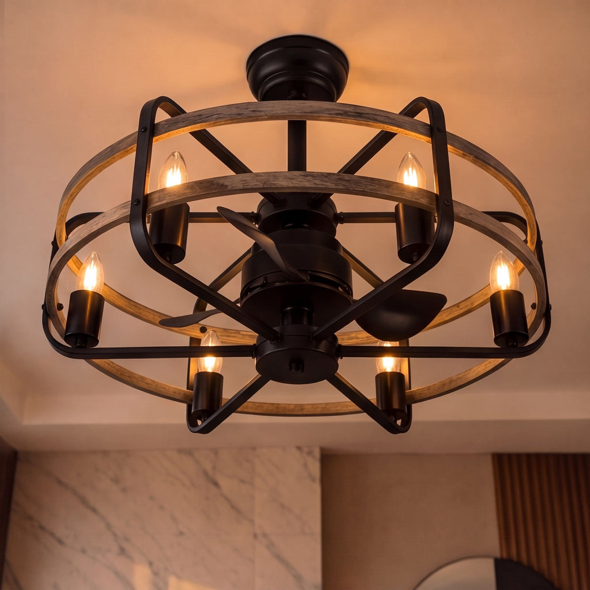 Walnut Iron Cage Ceiling Fan with 6 Lights E27 Industrial Farmhouse 63.5 cm