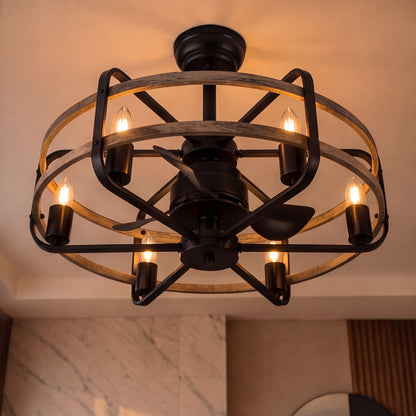 Walnut Iron Cage Ceiling Fan with 6 Lights E27 Industrial Farmhouse 63.5 cm