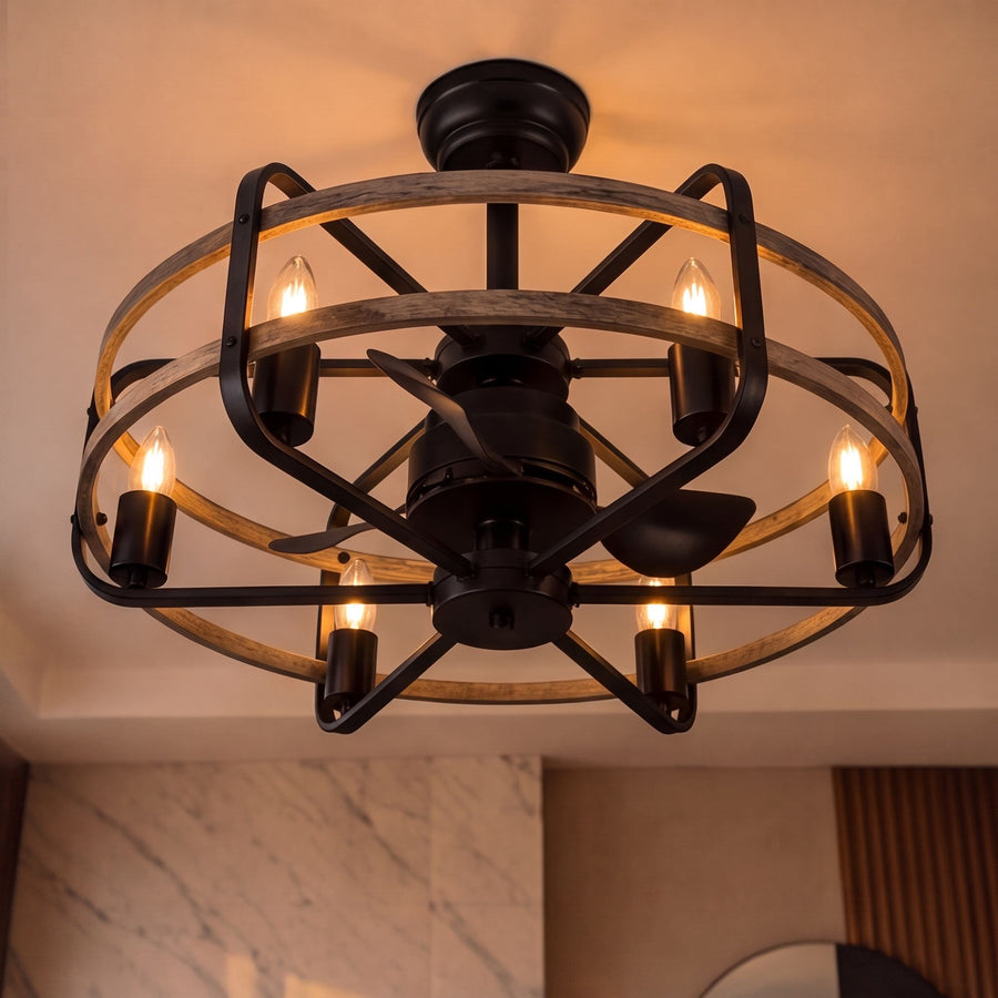 Walnut Iron Cage Ceiling Fan with 6 Lights E27 Industrial Farmhouse 63.5 cm