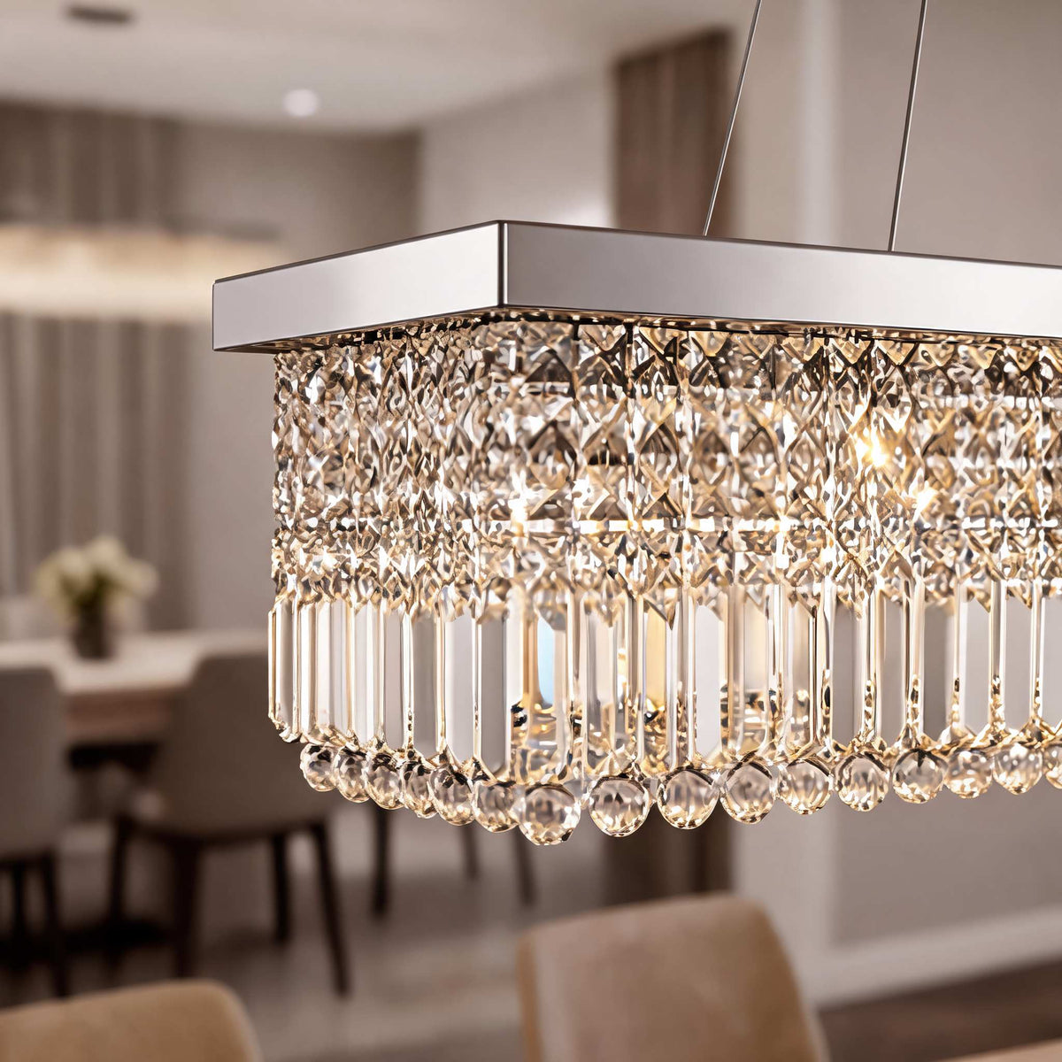 Rectangular K9 Crystal Chandelier Steel 6-10 Light LED