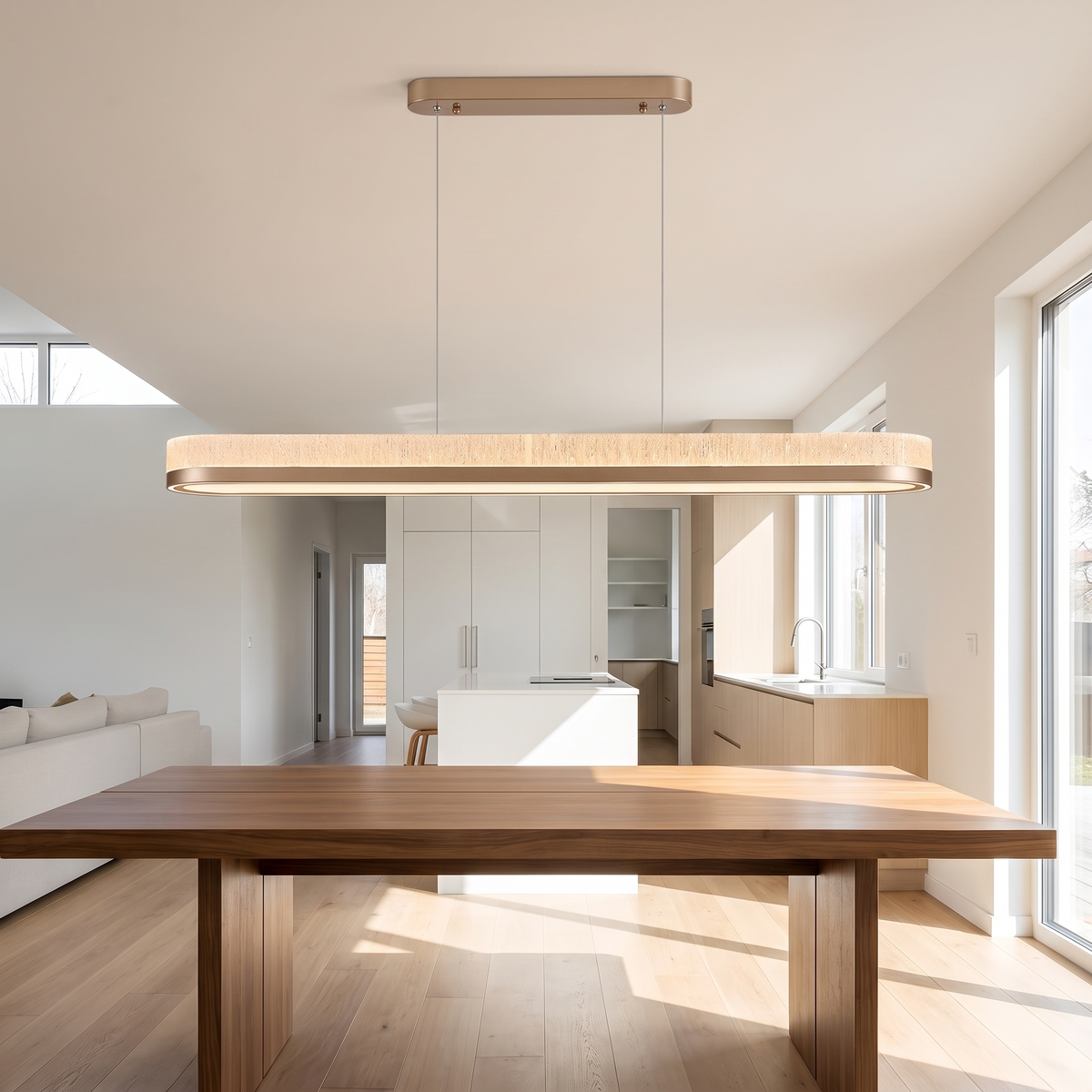 Champagne linear pendant over dining table daytime