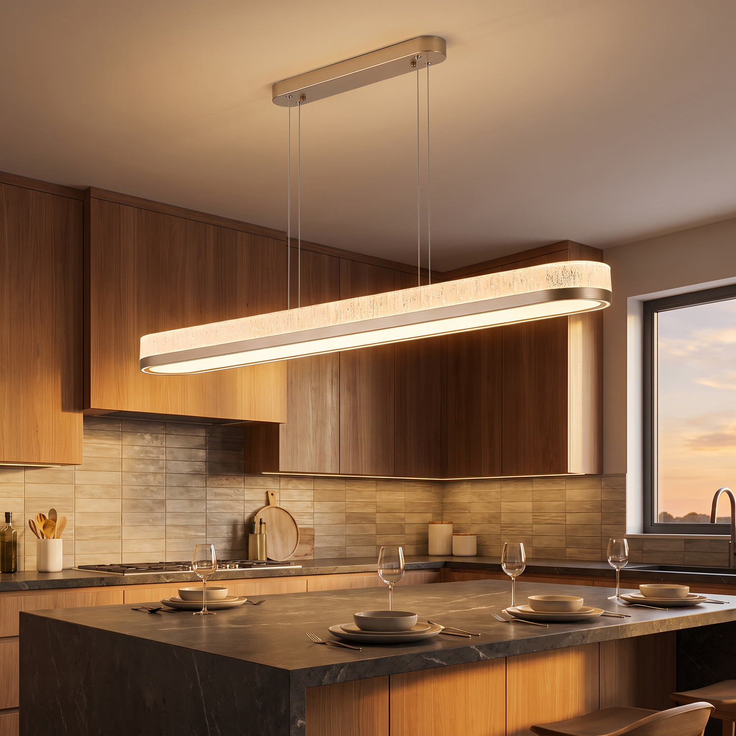 Champagne linear pendant low angle over kitchen island