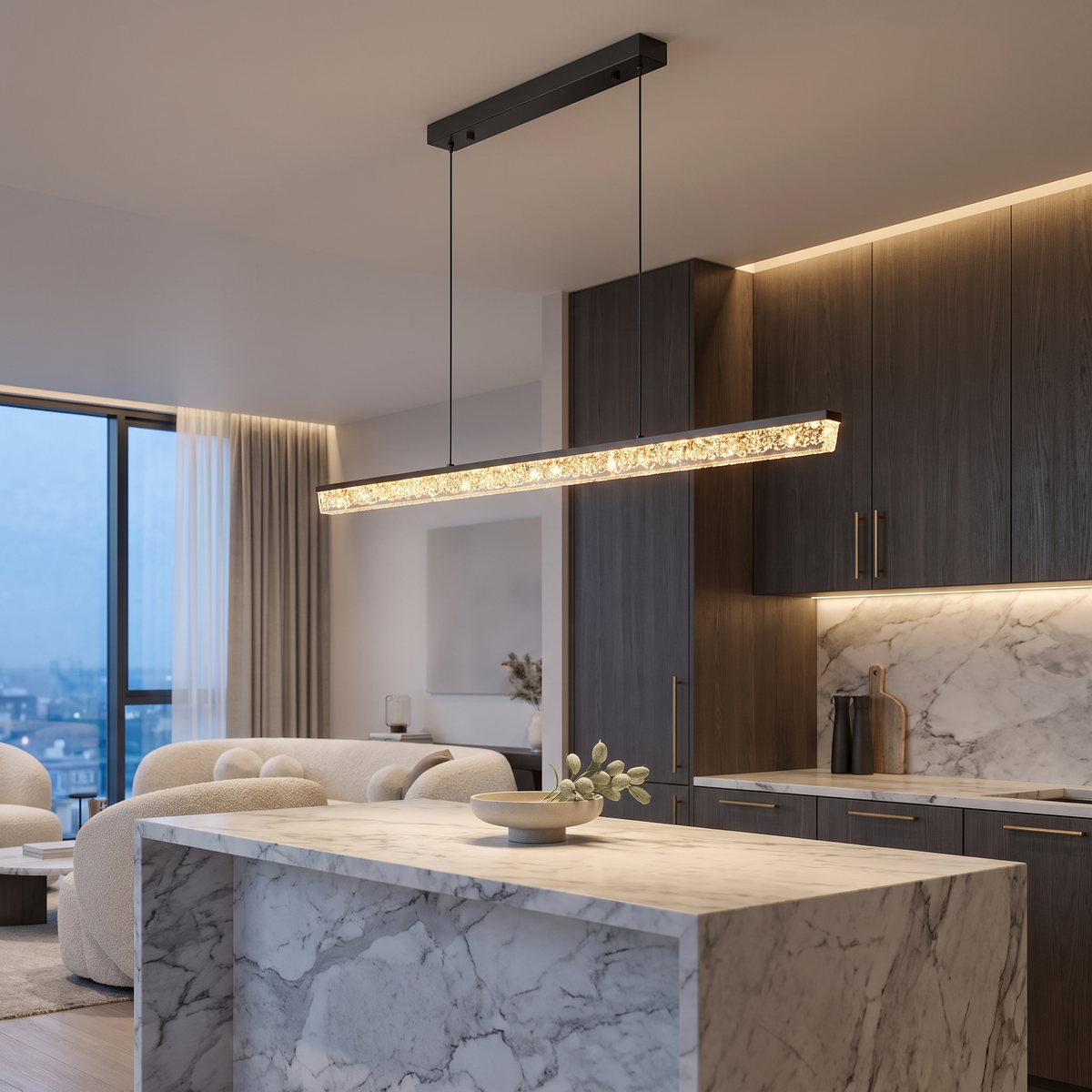 Pearl Black L120cm B linear LED pendant light over a marble kitchen island