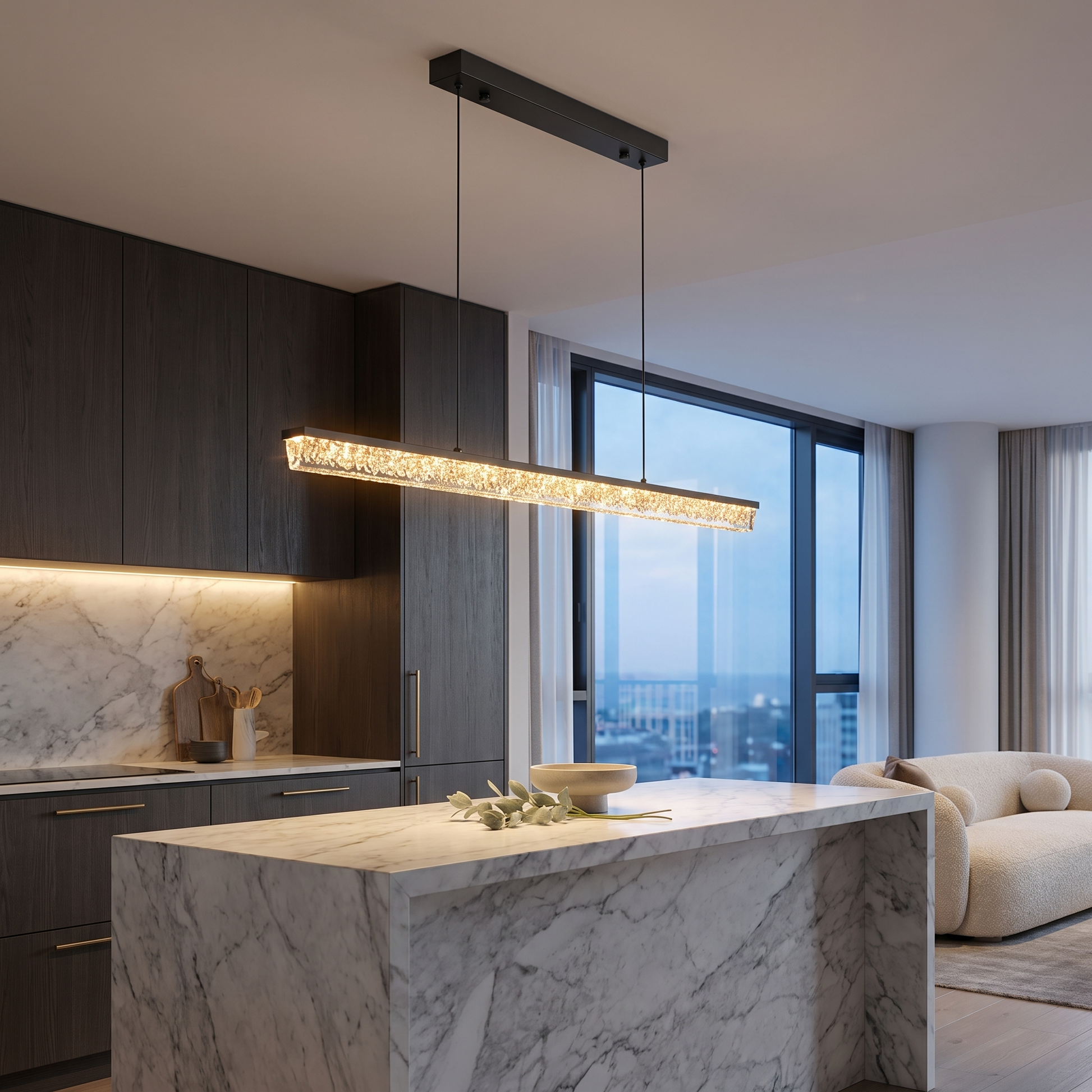 Pearl Black L100cm B linear LED pendant light over a marble kitchen island