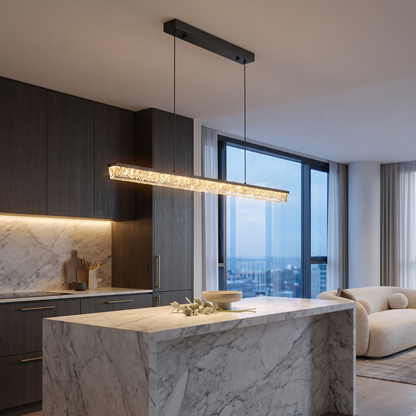 Pearl Black L100cm B linear LED pendant light over a marble kitchen island