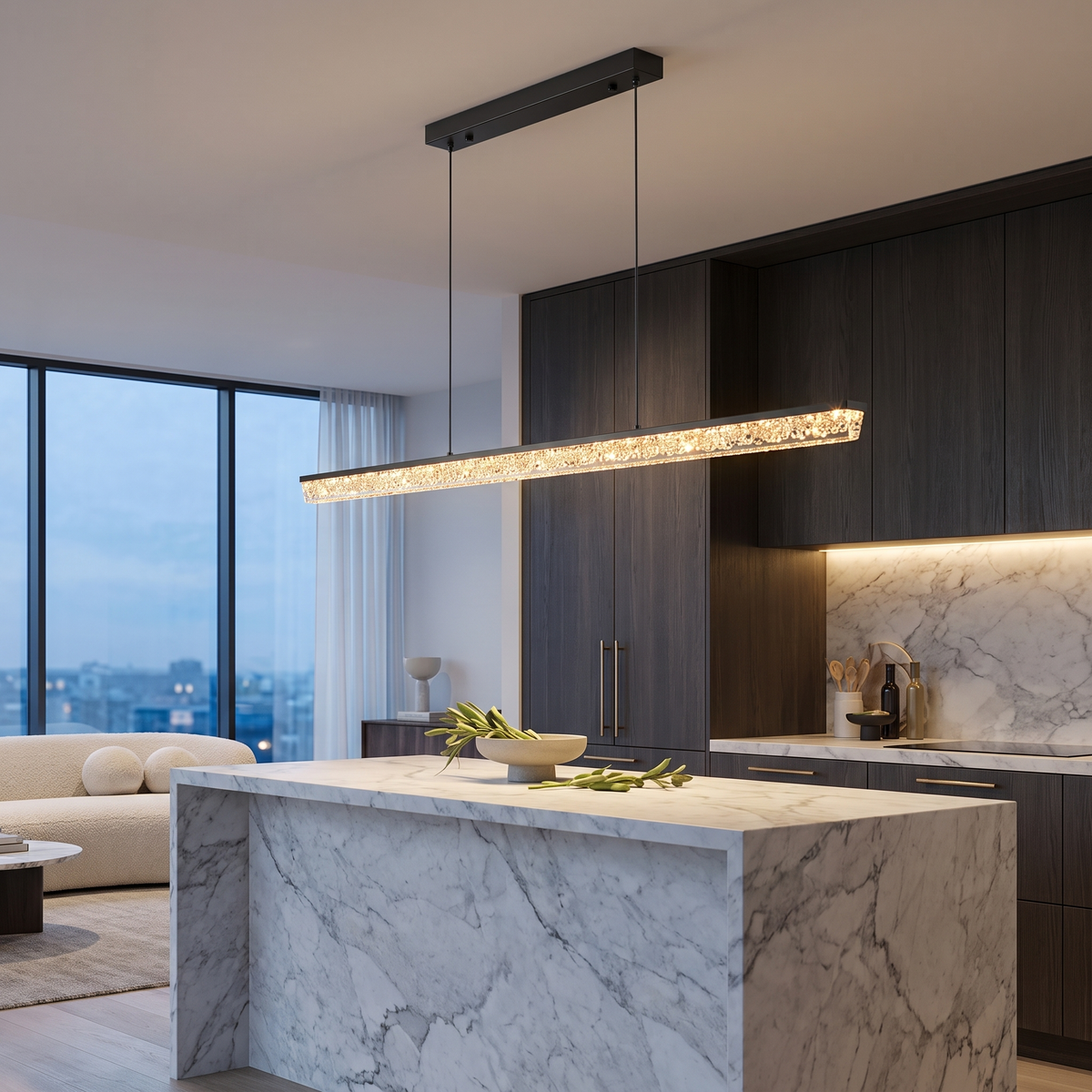 Pearl Black L150cm B linear LED pendant light over a marble kitchen island