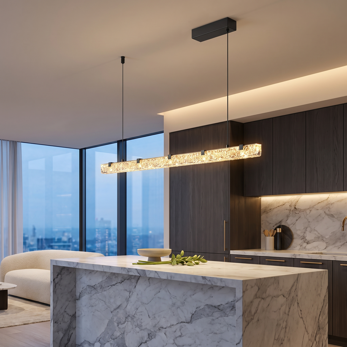 Pearl Black L100cm B linear crystal LED pendant light above a marble kitchen island