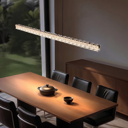 Pearl Black 100cm Italian linear crystal LED pendant light above a dining table
