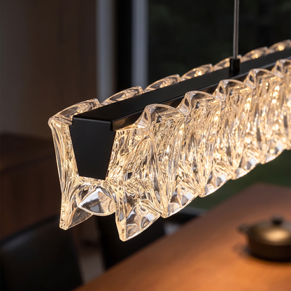 Italian linear crystal LED pendant light - close-up of the black end cap and crystal acrylic blocks