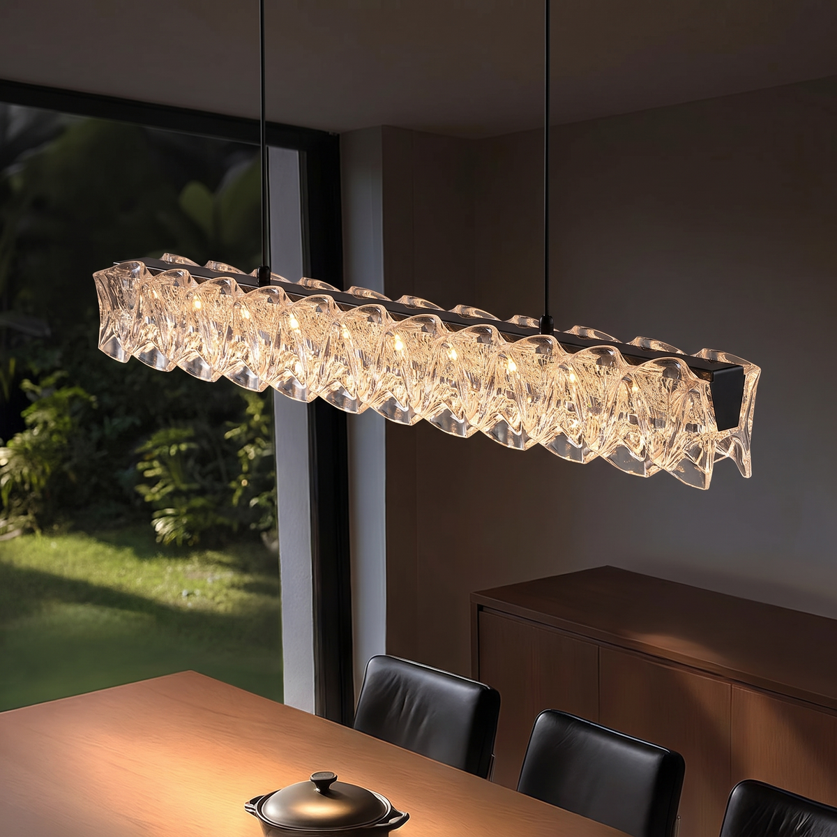 Italian linear crystal LED pendant light - side view showing full length and suspension cables