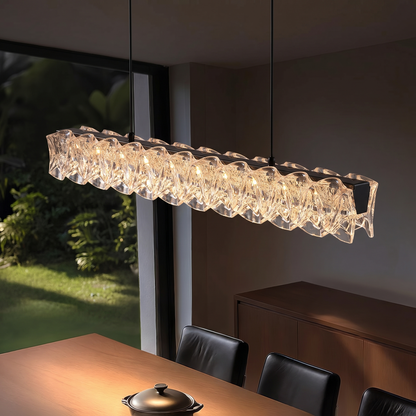 Italian linear crystal LED pendant light - side view showing full length and suspension cables