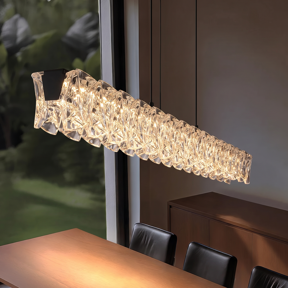 Italian linear crystal LED pendant light - angled view along the lit crystal underside