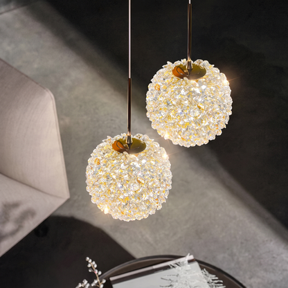 Double 12cm crystal ball pendant light, two orbs at staggered heights
