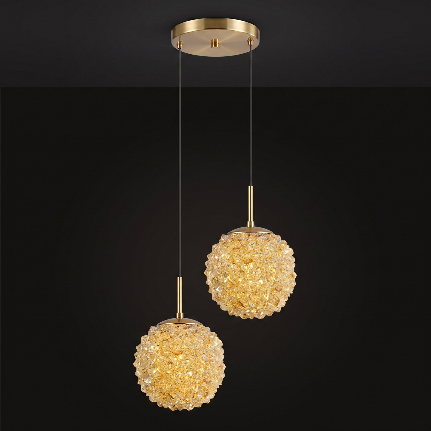 Double head crystal ball pendant light shown in full, one ceiling canopy with two staggered drops