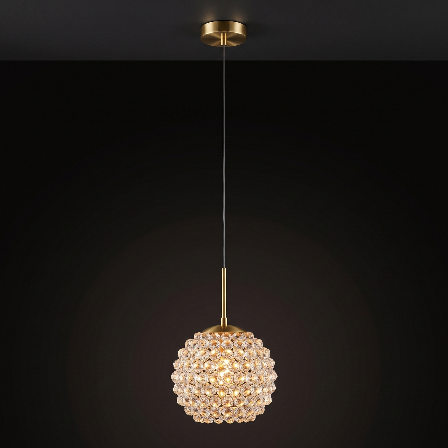 Single head crystal ball pendant light shown in full, ceiling canopy to shade, 150cm drop