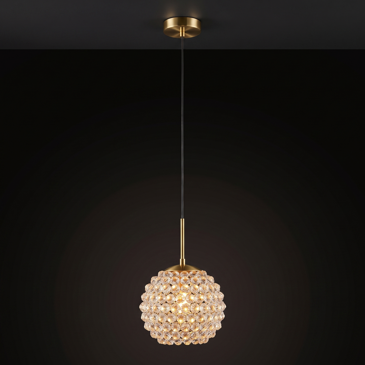 Single head crystal ball pendant light shown in full, ceiling canopy to shade, 150cm drop