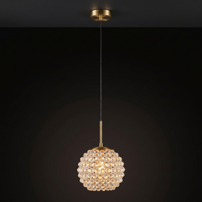 Single head crystal ball pendant light shown in full, ceiling canopy to shade, 150cm drop