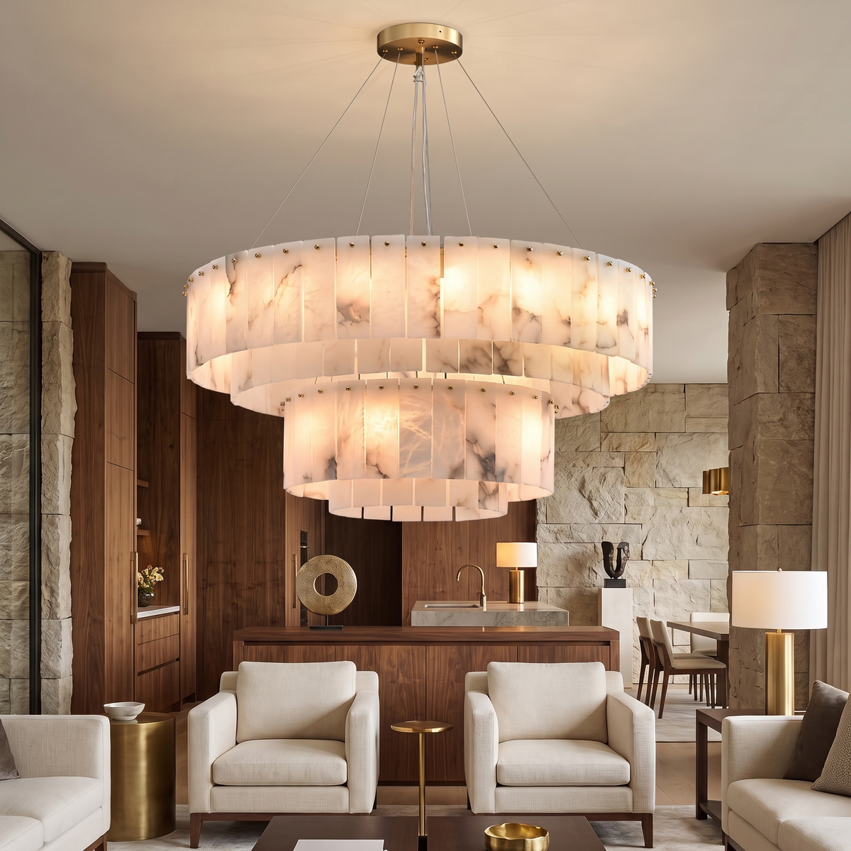 Marble & Brass Ring Chandelier - Two-Tier 100 + 60cm