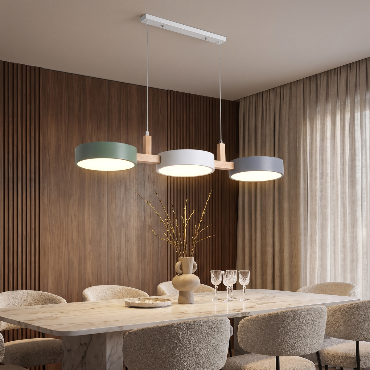 Nordic Wood 3 Head Pendant Light - 3 Colours over dining table