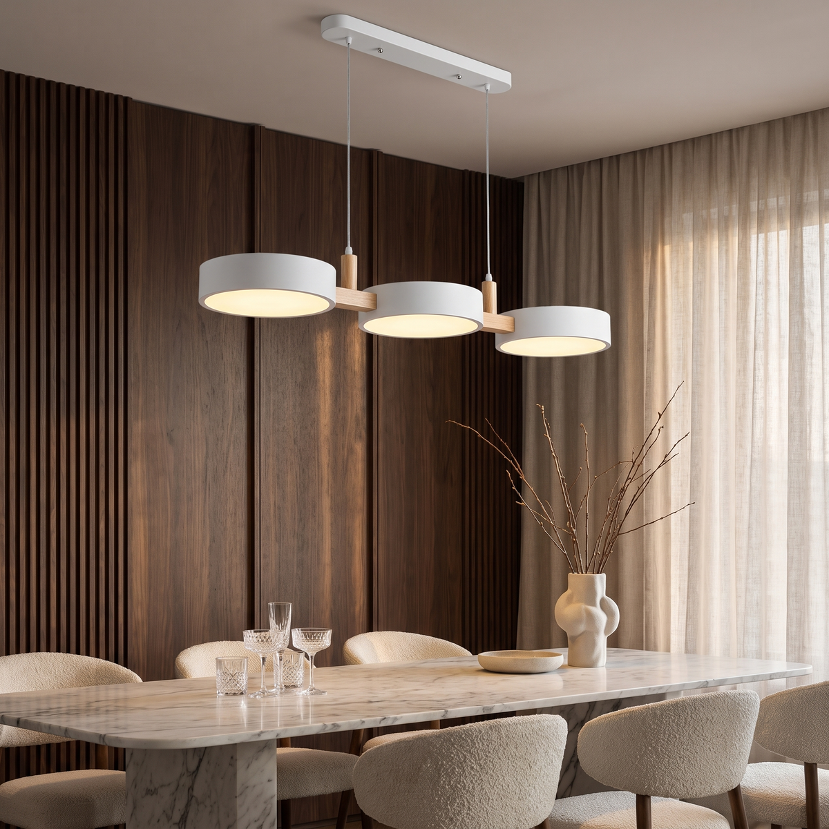 Nordic Wood 3 Head Pendant Light - White