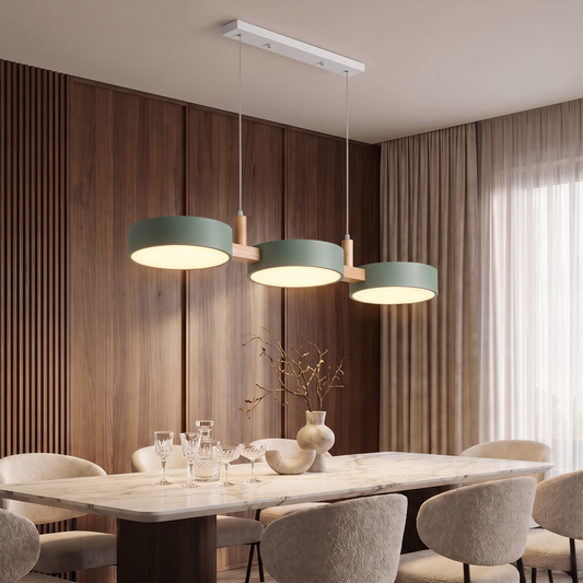 Nordic Wood 3 Head Pendant Light - Green over dining table