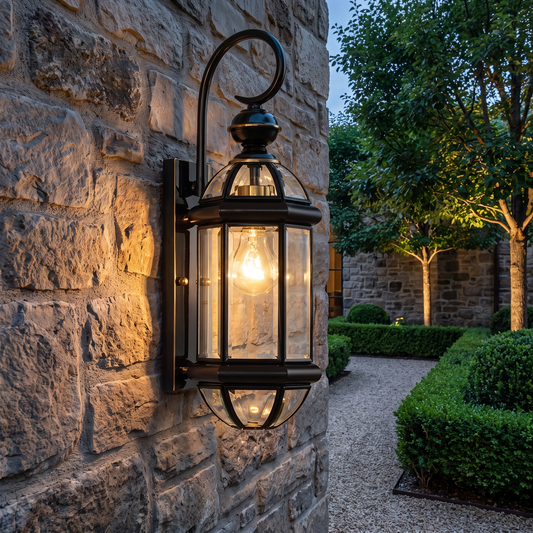Vintage Outdoor Wall Lamp Brass Construction Clear Glass Shade - luxury home exterior