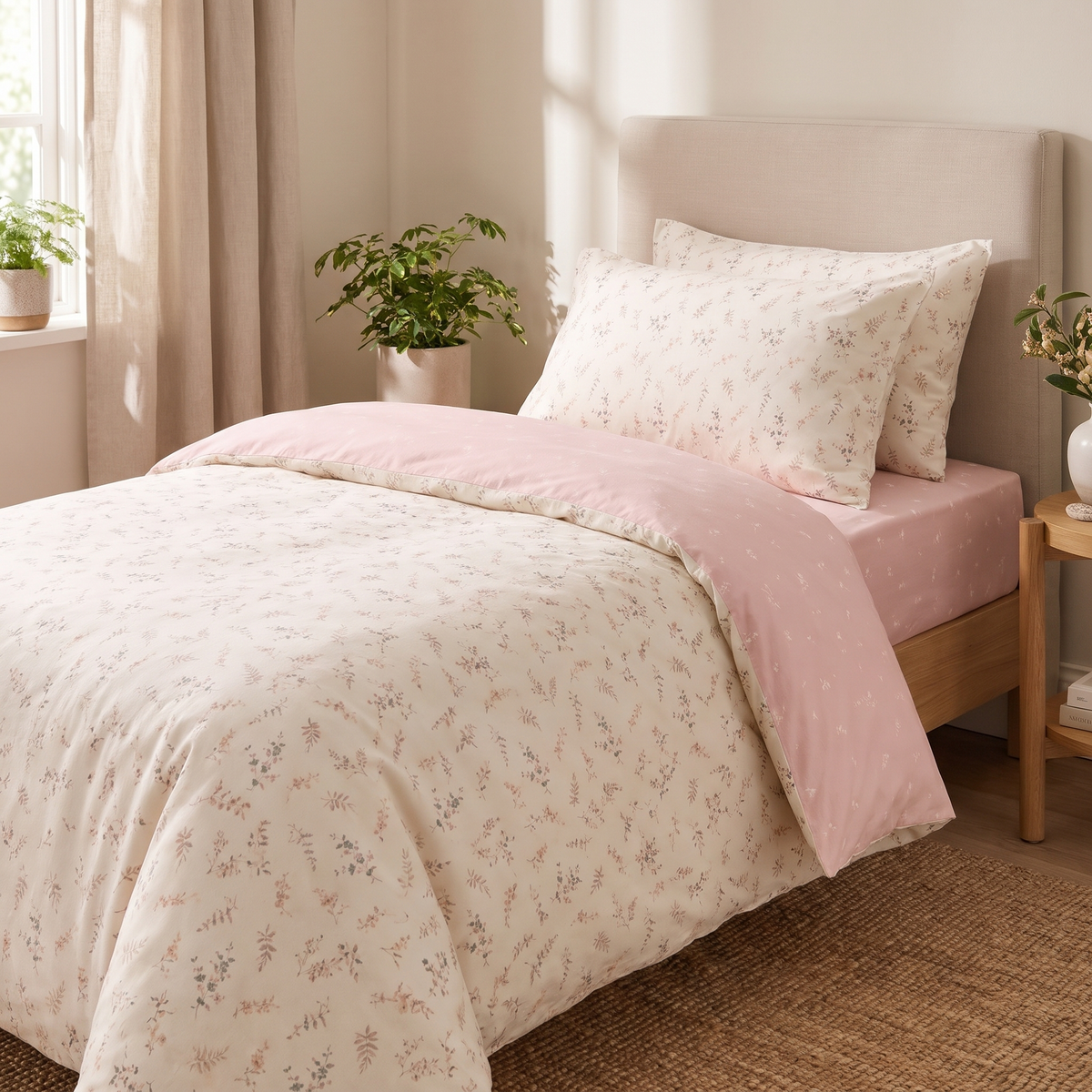 Floral Print Bedding Set in Pale Pink Color Soft Polyester Duvet Cover and Flat Sheet - Single