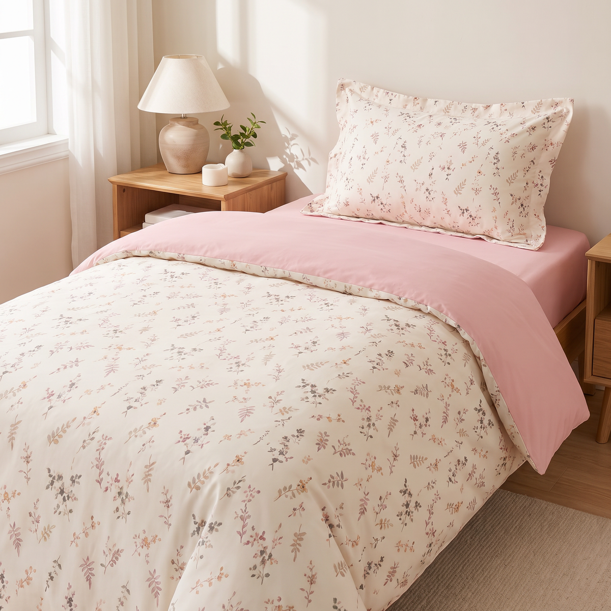 Floral Print Bedding Set in Pale Pink Color Soft Polyester Duvet Cover and Flat Sheet - Twin