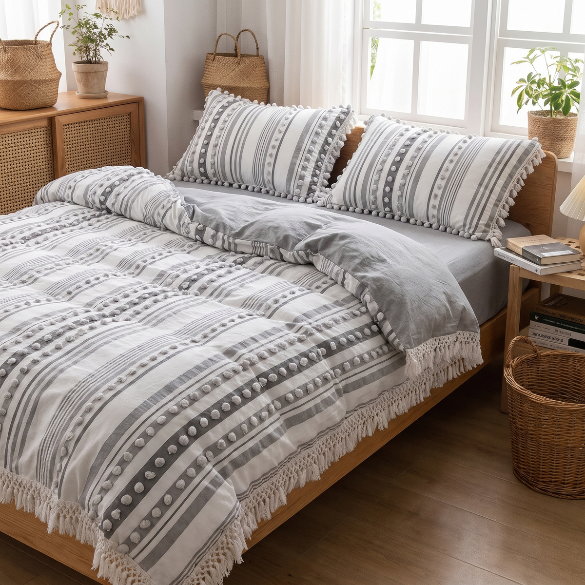 Contemporary Soft Stripe King Size Quilt Set Cotton Microfiber Blend with Tassels for Year-Round Comfort - Grey