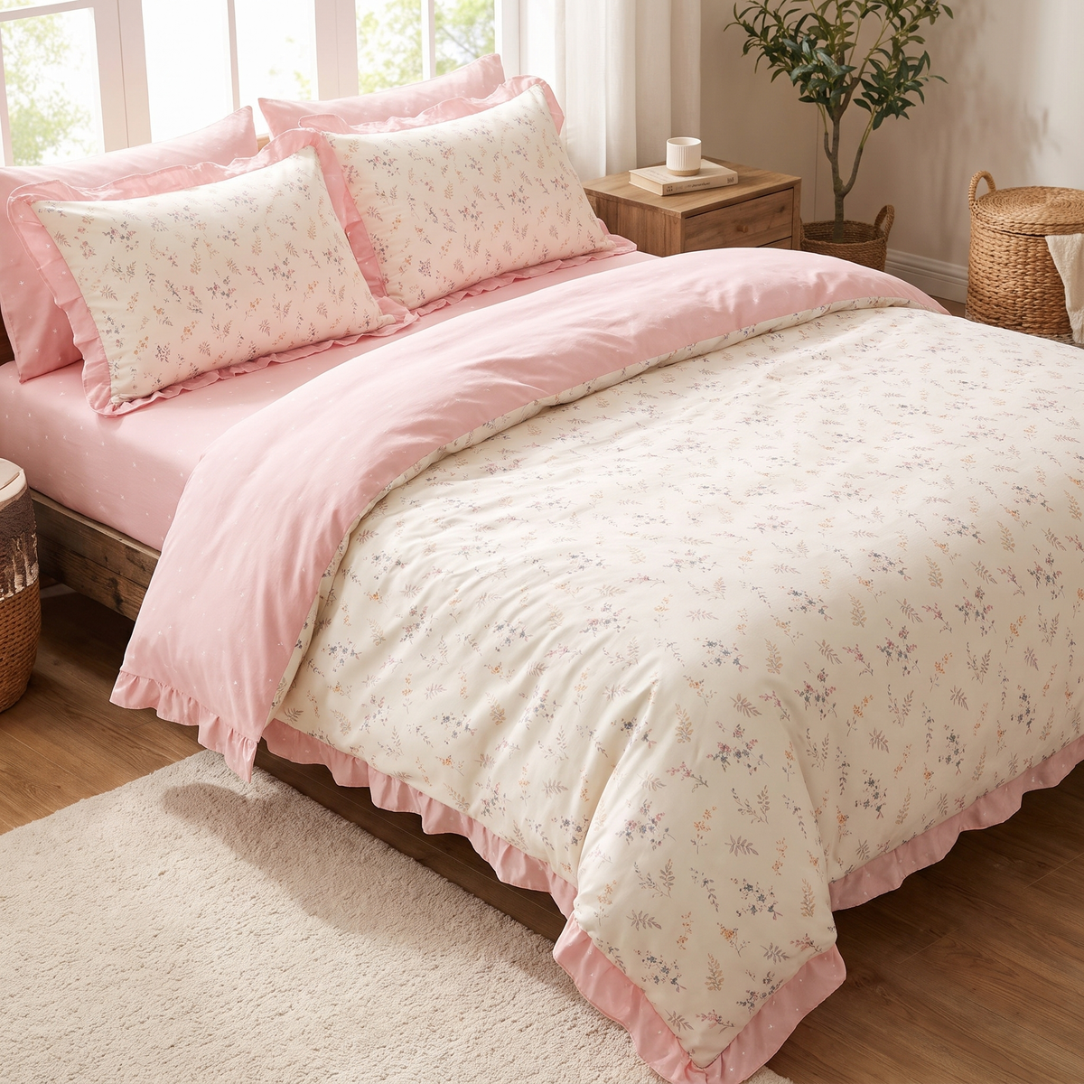 Floral Print Bedding Set in Pale Pink Color Soft Polyester Duvet Cover and Flat Sheet - Queen
