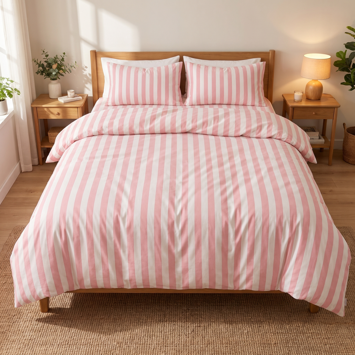 Modern Striped Bedding Set Cotton-Polyester Blend Duvet Cover Flat Sheet Pillow Case - Pink