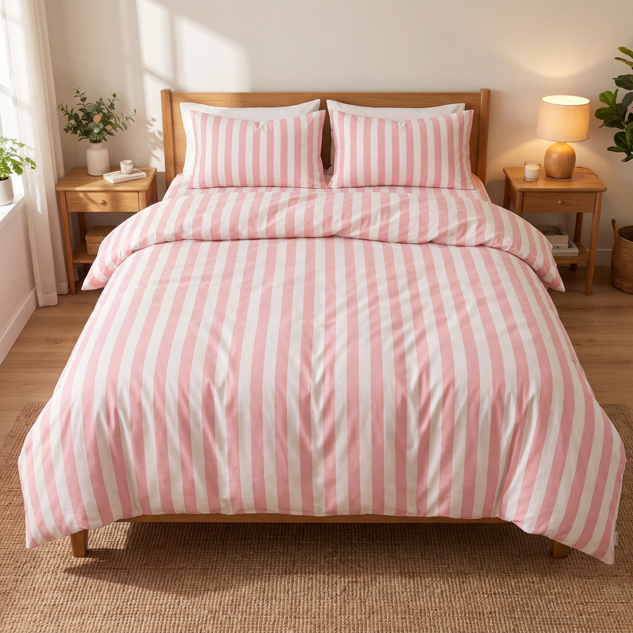 Modern Striped Bedding Set Cotton-Polyester Blend Duvet Cover Flat Sheet Pillow Case - Pink