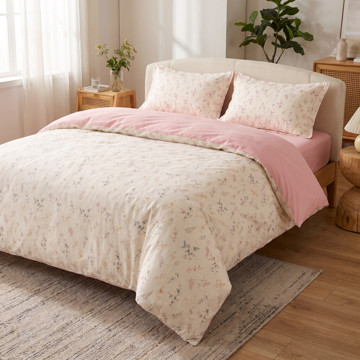 Floral Print Bedding Set in Pale Pink Color Soft Polyester Duvet Cover and Flat Sheet - Full