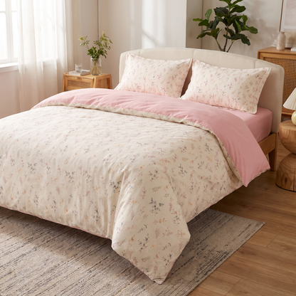 Floral Print Bedding Set in Pale Pink Color Soft Polyester Duvet Cover and Flat Sheet - Full