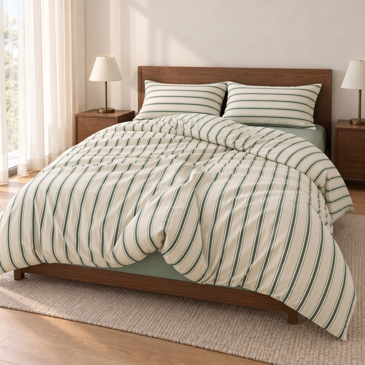Minimalist Bedding Set Green Striped Duvet Cover Polyester Lightweight Soft Comfortable - Single