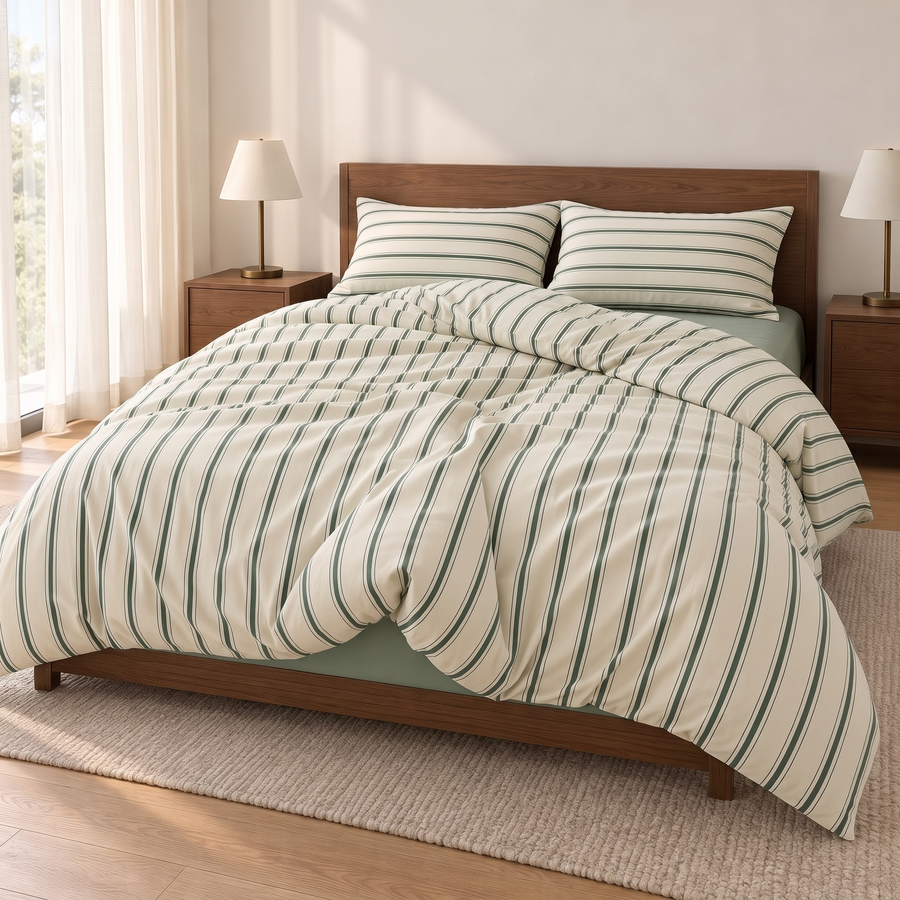 Minimalist Bedding Set Green Striped Duvet Cover Polyester Lightweight Soft Comfortable - Single