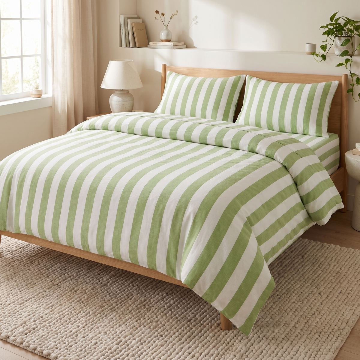 Modern Striped Bedding Set Cotton-Polyester Blend Duvet Cover Flat Sheet Pillow Case - Green
