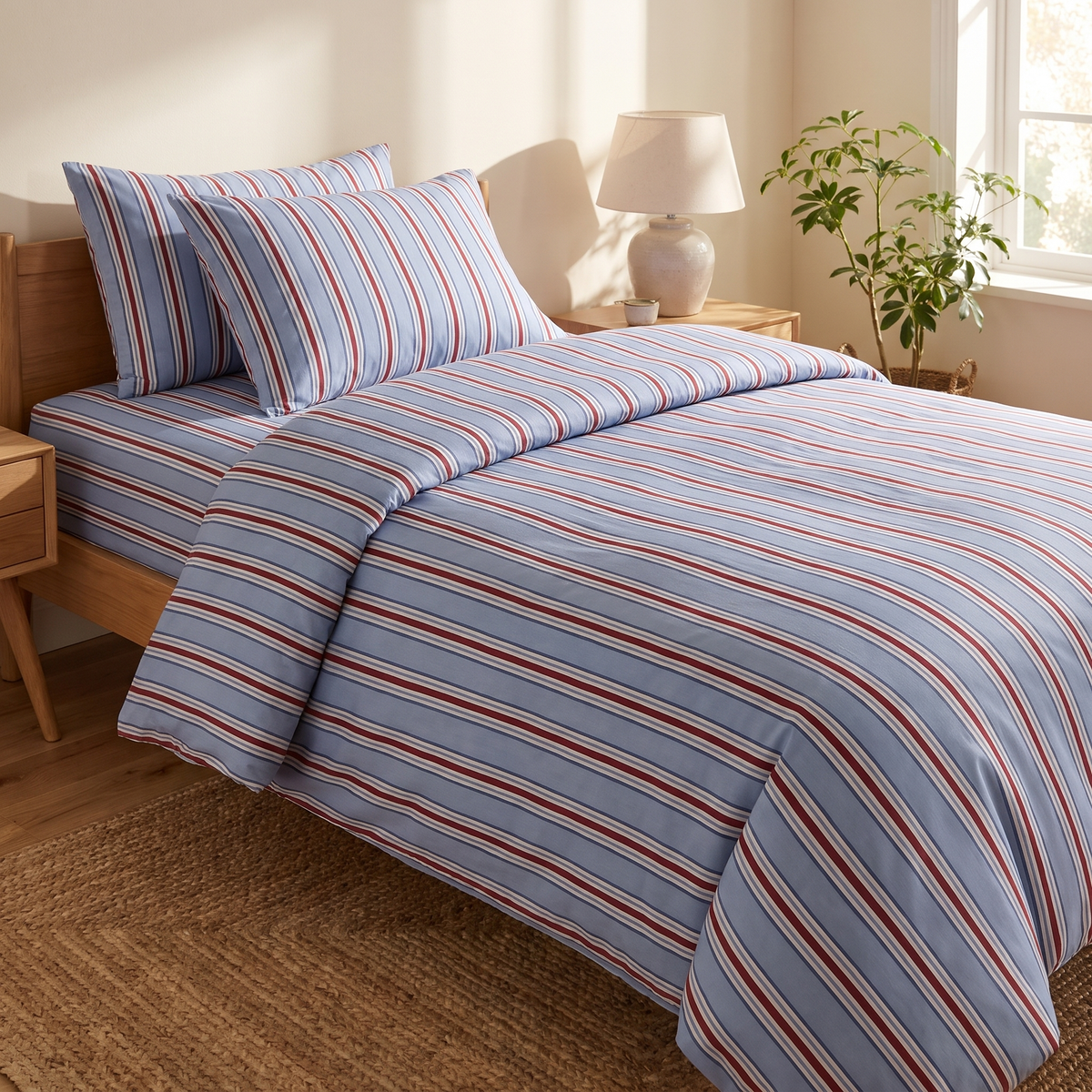 Minimalist Bedding Set with Striped Duvet Cover and Flat Sheet in Polyester for Bedroom Decor - Single
