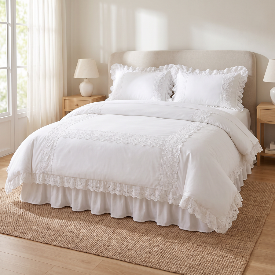 Modern Ruffle Lace Bedding Set with Elastic Skirt Bed Sheet and Soft Polyester Material - White Single