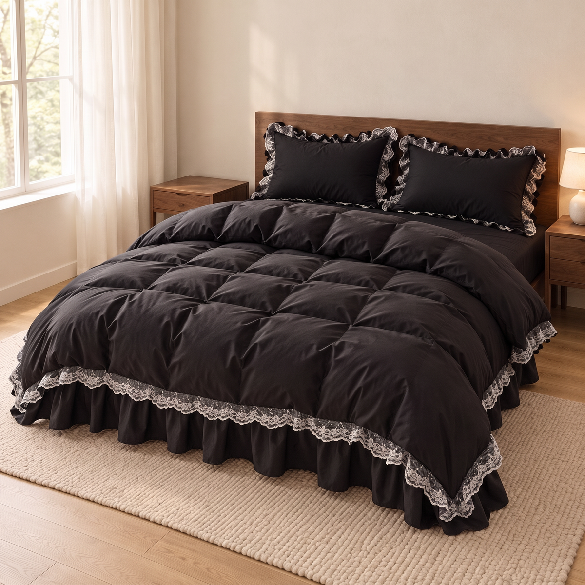 Modern Ruffle Lace Bedding Set with Elastic Skirt Bed Sheet and Soft Polyester Material - Black Single